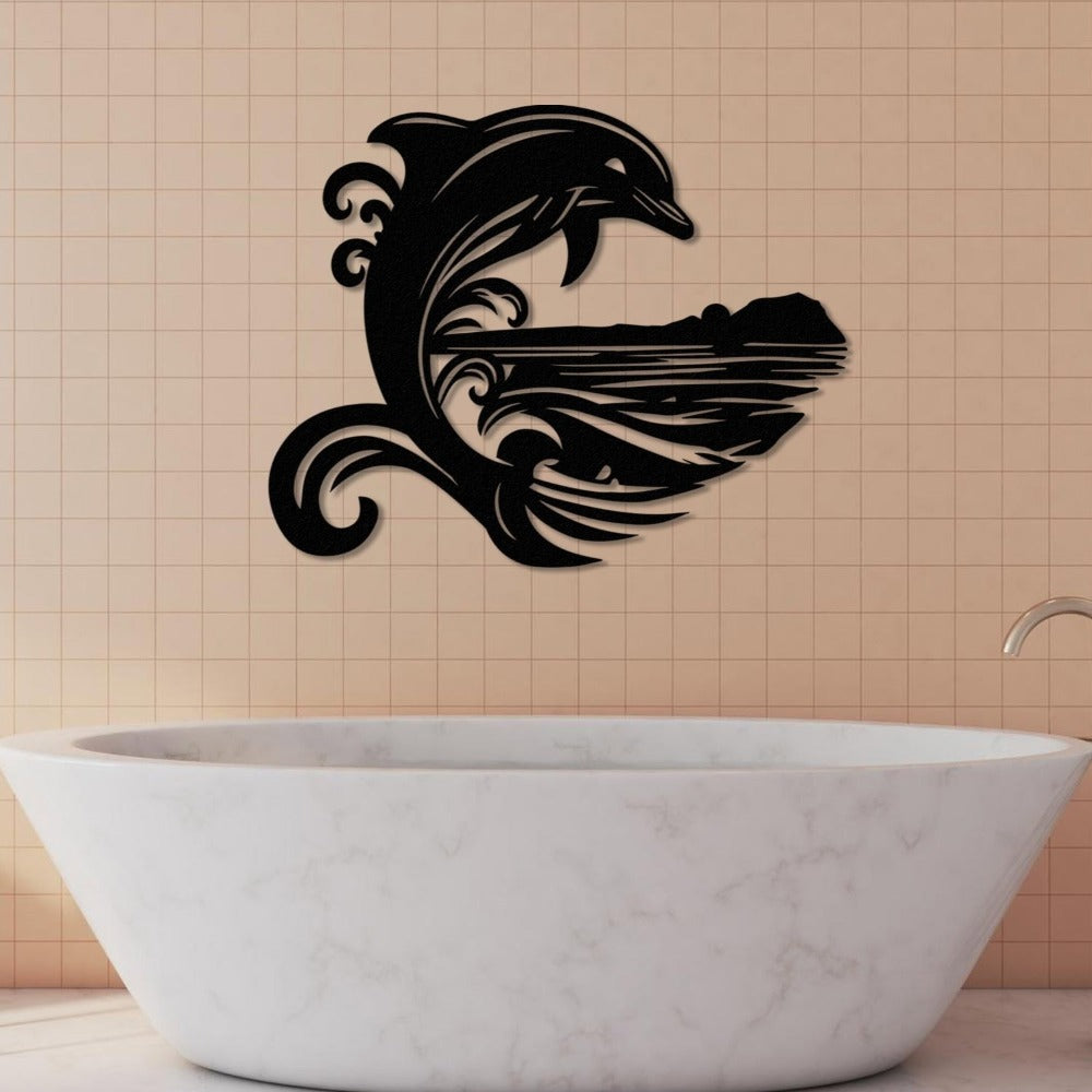 Black dolphin and sea wave metal wall art decor mounted on a beige tiled wall above a modern white marble bathtub with sleek curved edges.