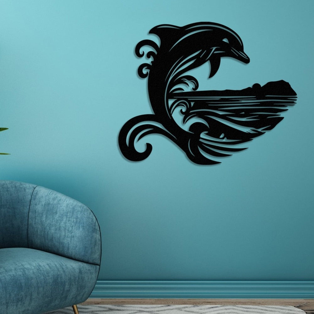 Black dolphin and sea wave metal wall art decor mounted on a light blue wall, complemented by a modern blue velvet chair and minimalistic interior design.