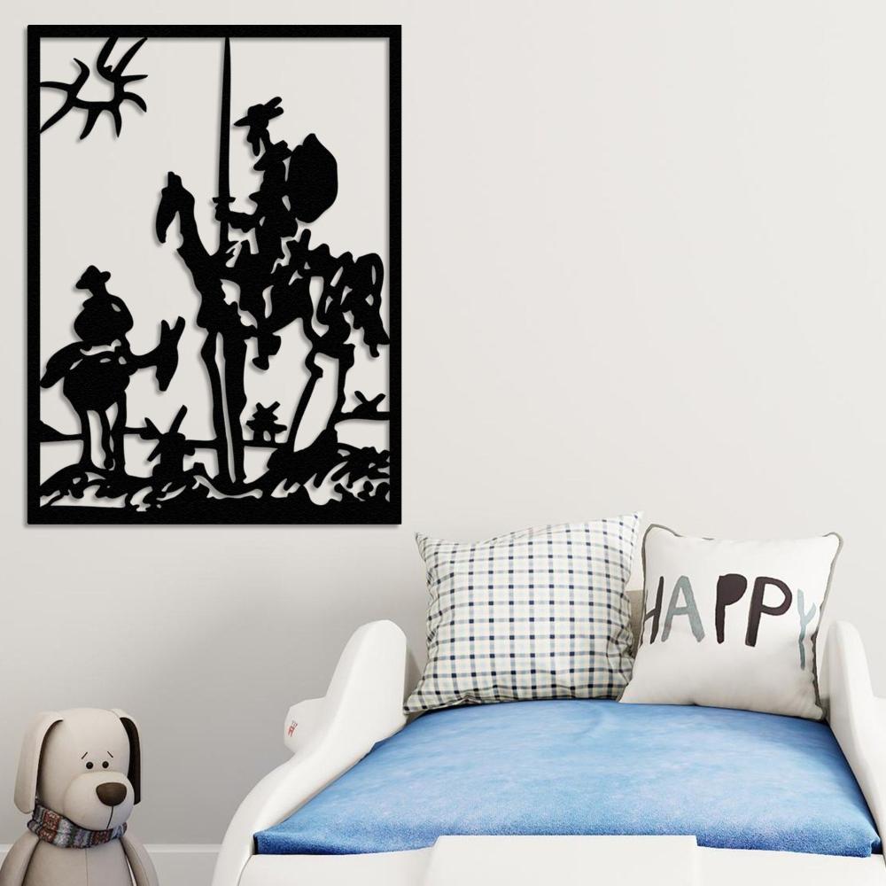 Black metal wall art depicting Don Quixote and Sancho Panza in an abstract design, mounted on a light beige wall above a children's bed with blue bedding and decorative pillows, including a "Happy" pillow.