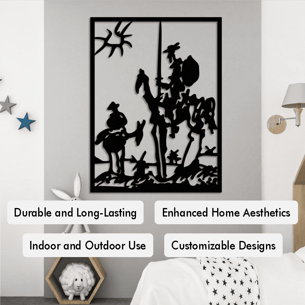 Don Quixote metal wall art showcasing a silhouette of Don Quixote and Sancho Panza, complemented by text highlights: "Durable and Long-Lasting," "Enhanced Home Aesthetics," "Indoor and Outdoor Use," and "Customizable Designs." Displayed in a modern room with playful decor elements like a rabbit-eared stool and a star-patterned bedspread.