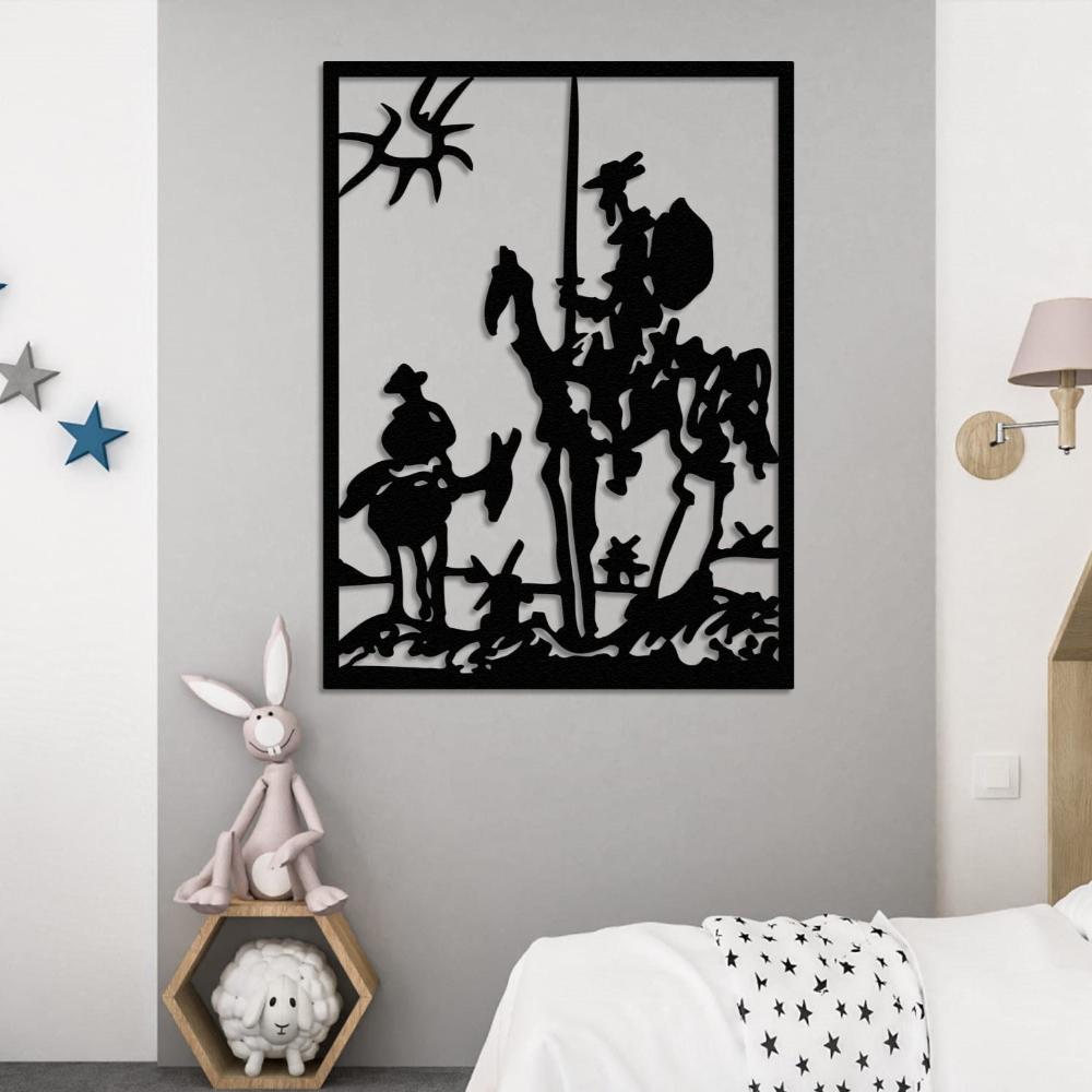 Black metal wall art featuring Don Quixote and Sancho Panza in an abstract design, displayed on a gray accent wall in a children's room. The setup includes a wooden shelf with bunny and sheep decor, a white bed with star-patterned bedding, and a modern wall sconce.