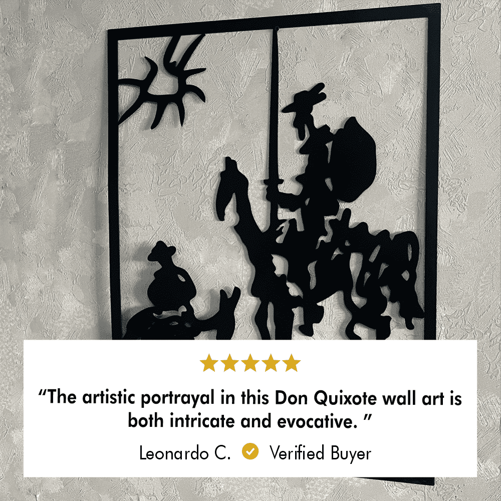 Close-up view of Don Quixote metal wall art displaying intricate silhouettes of Don Quixote and Sancho Panza on a textured wall background. Highlighted with a customer review text: "The artistic portrayal in this Don Quixote wall art is both intricate and evocative." Review by Leonardo C., a verified buyer, rated 5 stars.