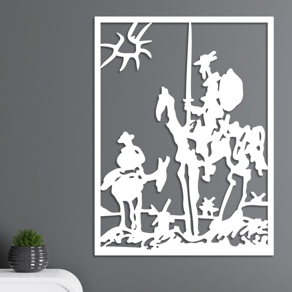 White metal wall art featuring Don Quixote and Sancho Panza depicted in an abstract design, mounted on a gray wall with minimalist decor including a small green plant in a black pot on a white console.