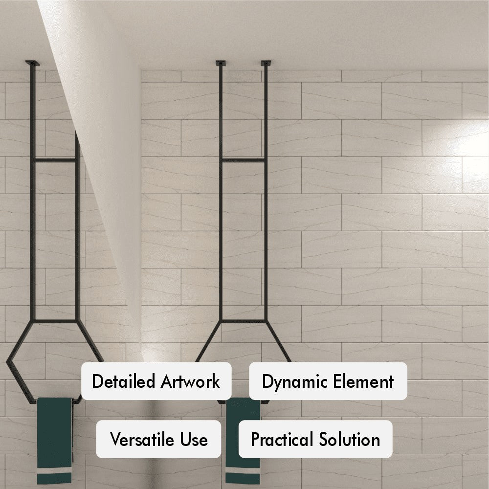 A set of two black hexagonal ceiling-mounted towel racks side by side in a modern bathroom, each holding a teal towel, highlighting versatile use