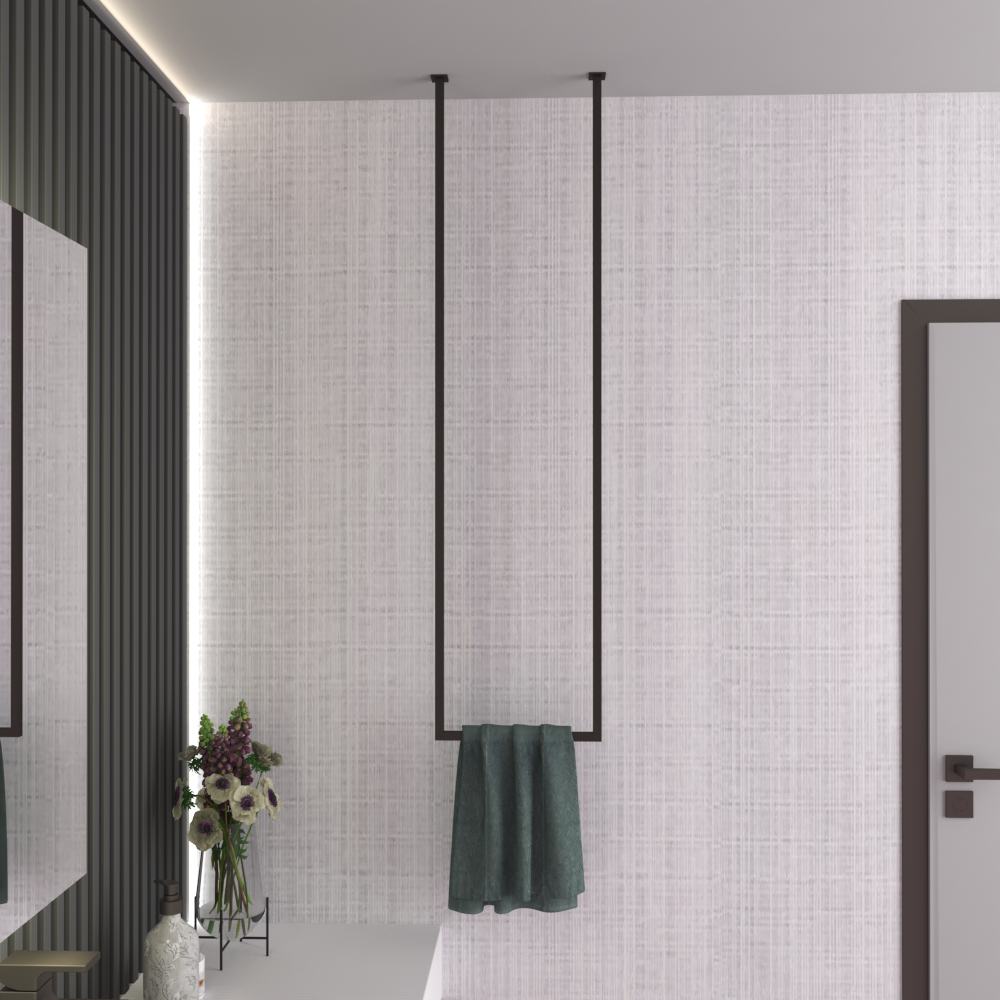 Ceiling-mounted towel rack holding a green towel in a bathroom with a white textured wall, complementing modern decor elements.