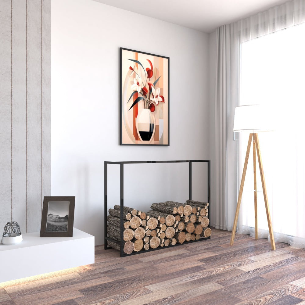 A modern living room featuring a black metal log holder neatly stacked with firewood, complemented by a stylish floor lamp and abstract wall art.