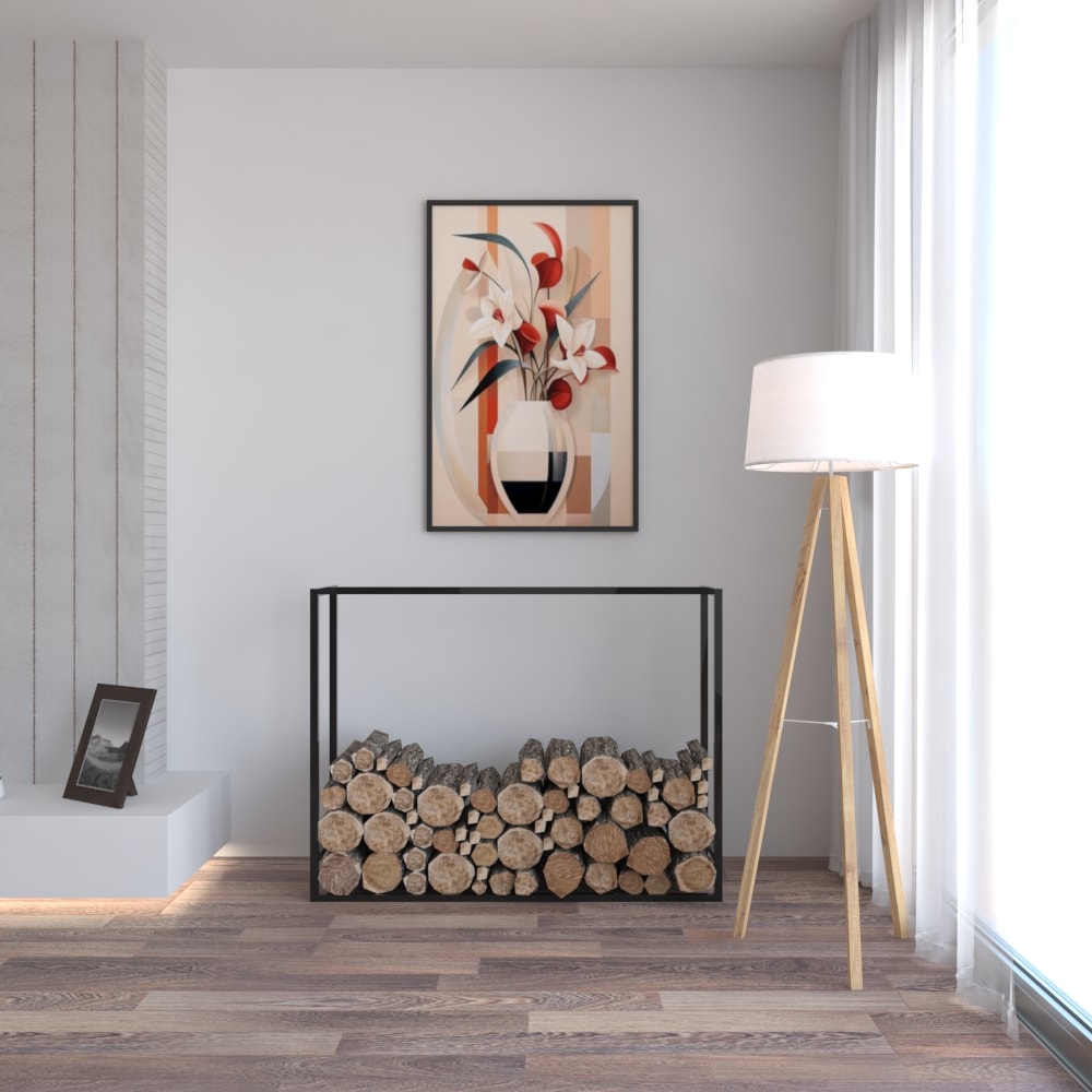 A contemporary living room with a sleek black metal log holder fully loaded with logs, minimalist decor, and bright natural lighting.
