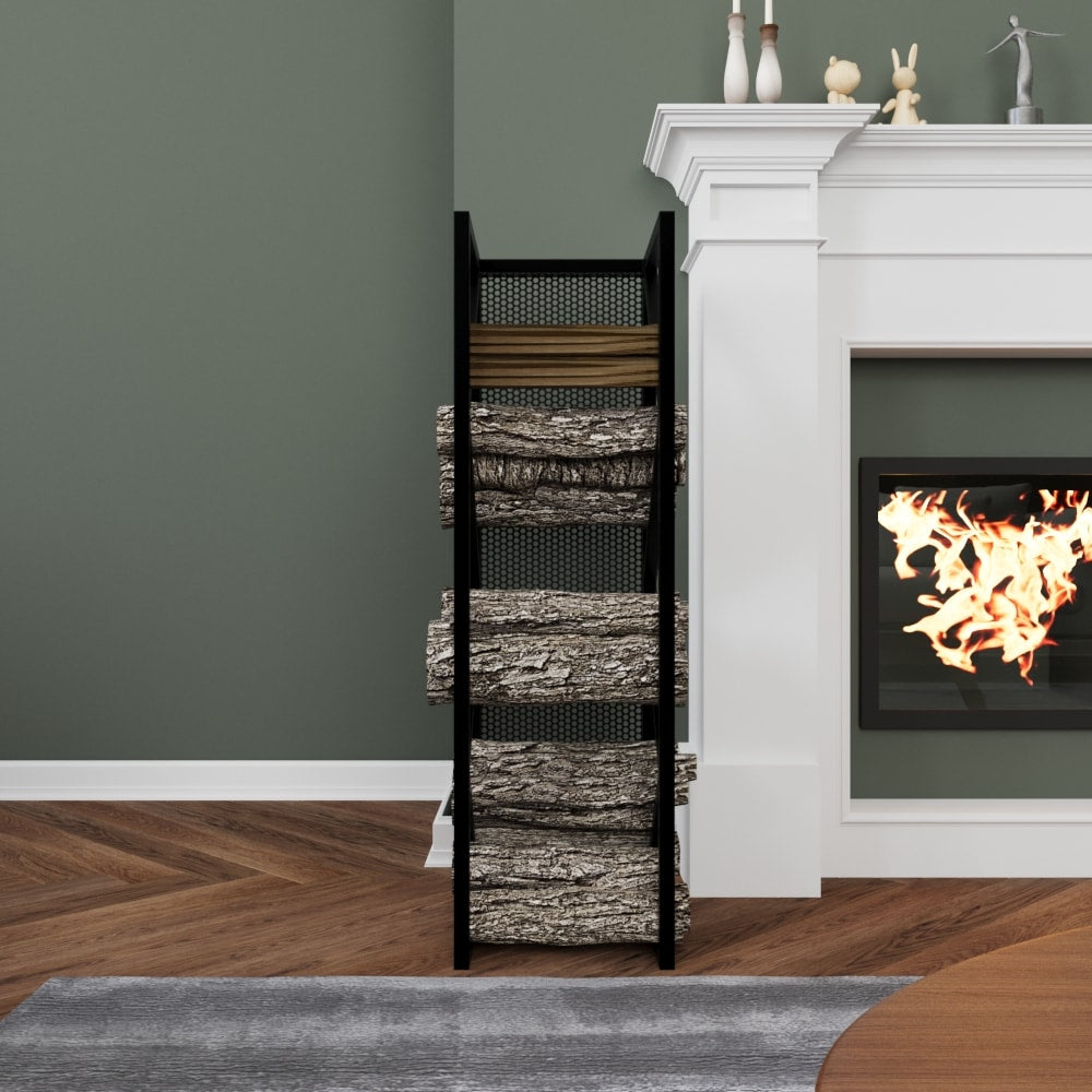 Front view of a black metal firewood holder with three levels of log storage, showcasing its symmetrical and minimalist design