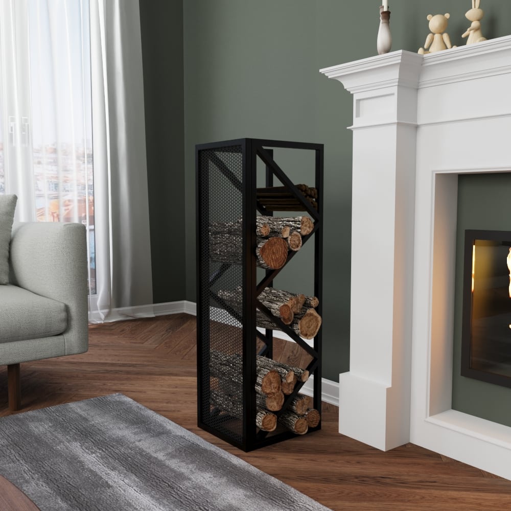 A tall black metal firewood holder with a mesh backing, neatly stacked with logs, placed beside a white fireplace in a cozy living room.