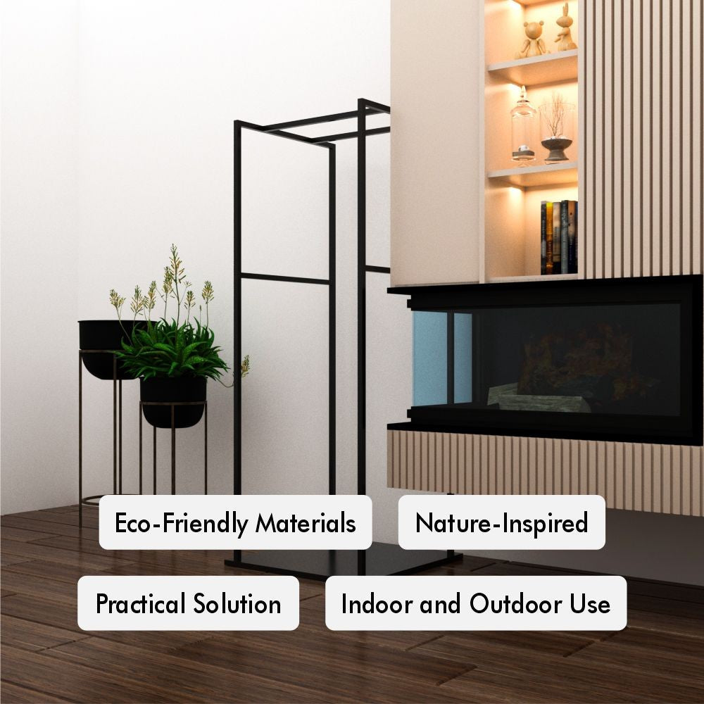 Minimalist black metal firewood rack with eco-friendly materials, nature-inspired design, practical solution, and versatile for indoor and outdoor use. Positioned beside a fireplace, with labels highlighting eco-friendly materials, nature-inspired, practical solution, and indoor and outdoor use