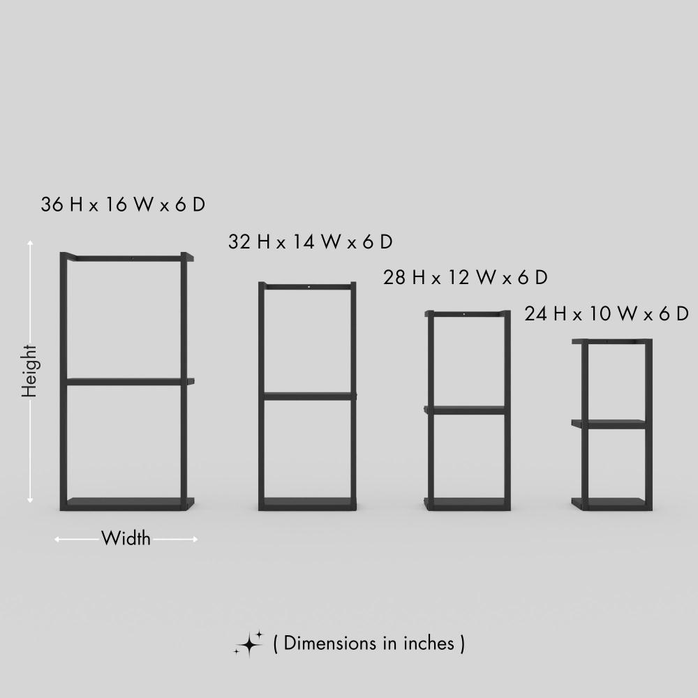 Dimension illustration showing four size variations of the floating shelf with measurements labeled in height, width, and depth