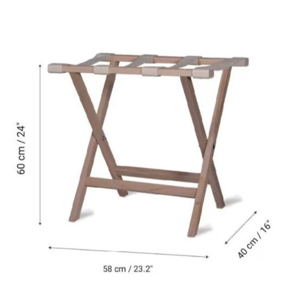 Dimensions illustration of a wooden luggage rack with clear measurements for height, width, and depth.