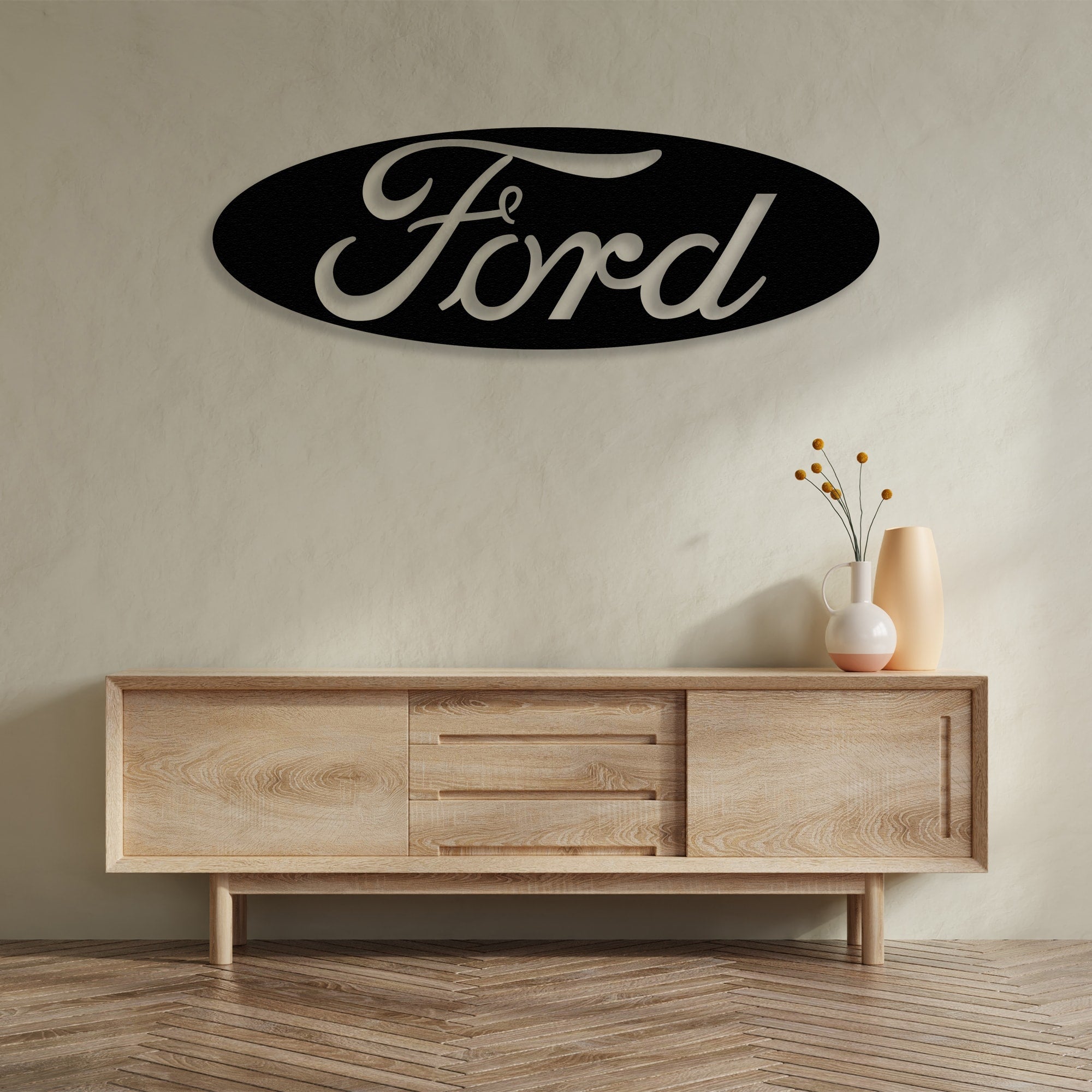 ford logo metal wall art on the table