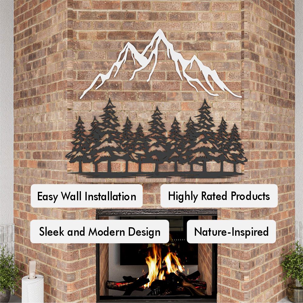 Rustic metal artwork showcasing mountains and forest trees.