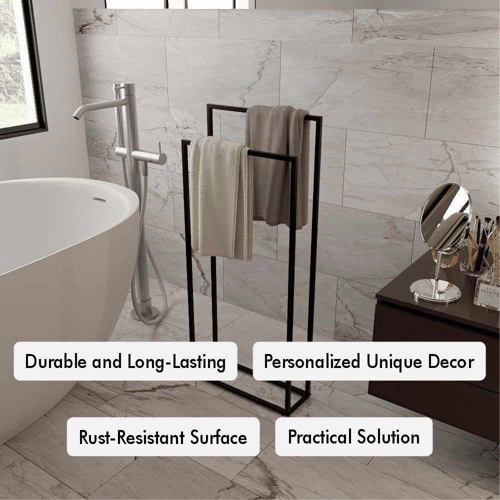 modern bathroom featuring a black freestanding towel holder with two hanging towels, placed next to a white bathtub. The marble wall tiles and decor elements, like a mirror and countertop accessories, highlight its elegance. Text overlays highlight features such as "Durable and Long-Lasting," "Personalized Unique Decor," "Rust-Resistant Surface," and "Practical Solution."