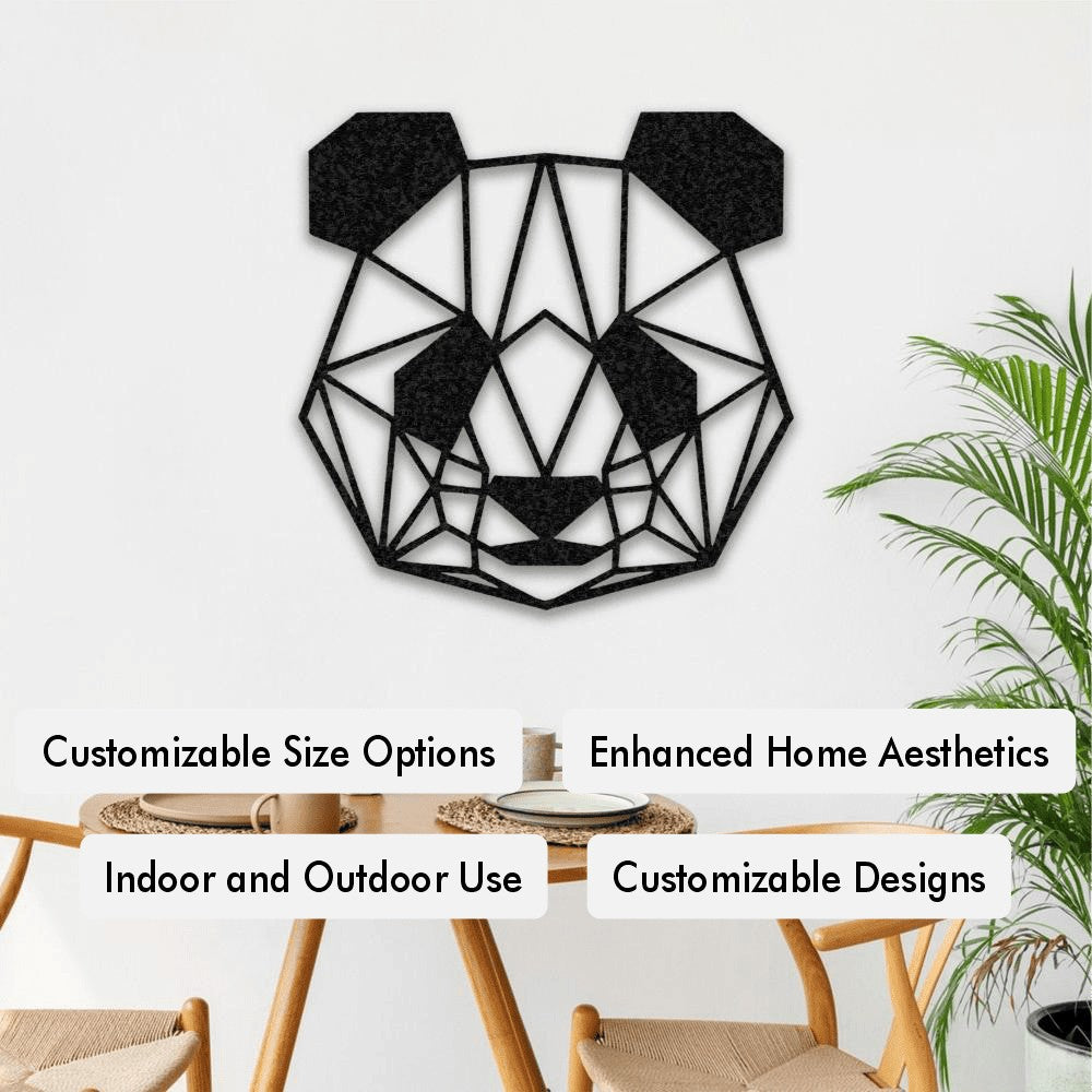 A geometric panda-themed metal wall art displayed on a white wall above a wooden dining table with minimalistic decor. Text overlays highlight the features of the product: Customizable Size Options, Enhanced Home Aesthetics, Indoor and Outdoor Use, and Customizable Designs.