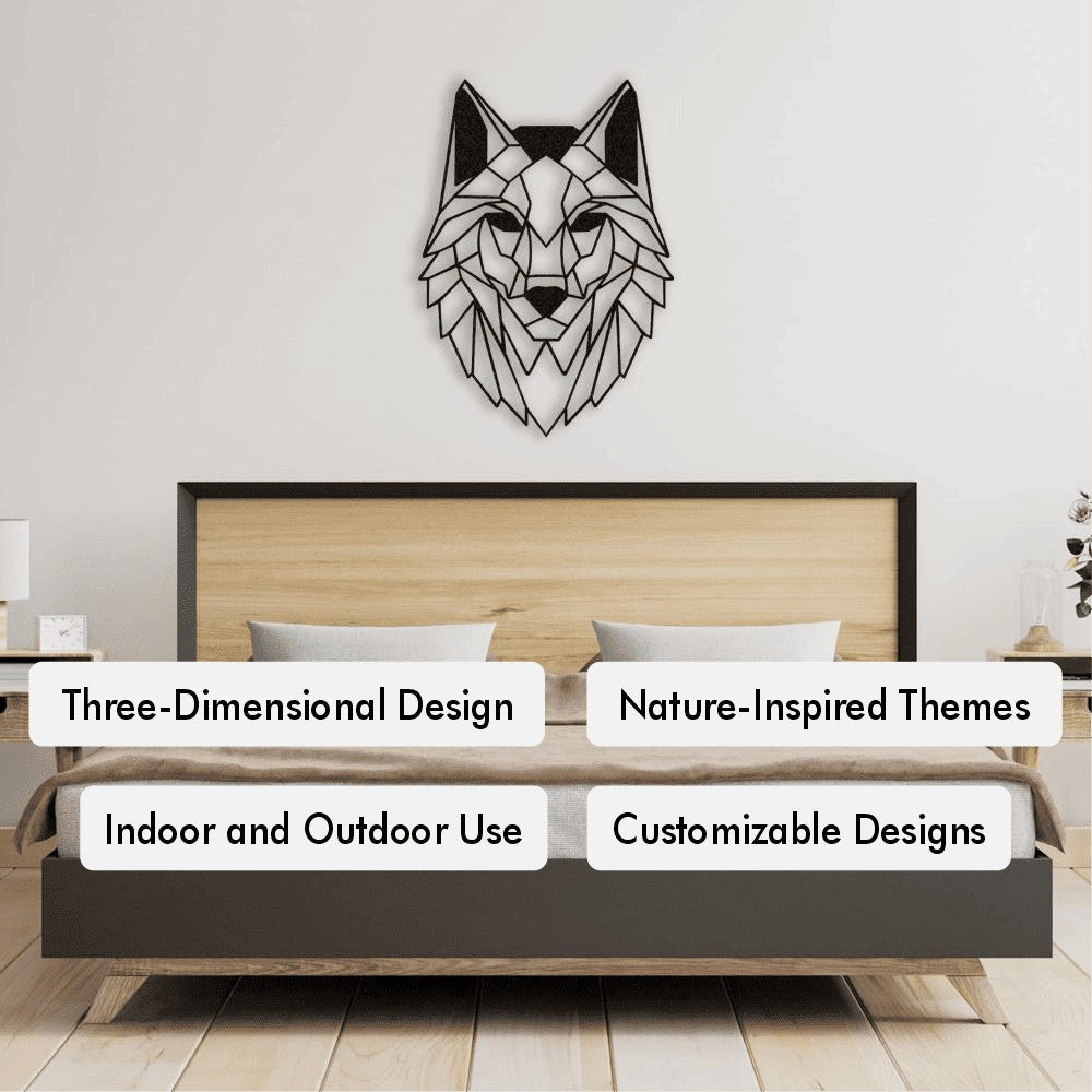 A modern bedroom decor featuring a geometric wolf head metal wall art above a wooden bed. The wall art highlights a three-dimensional design with nature-inspired themes. The room is minimalistic, with text overlays showcasing features such as "Three-Dimensional Design," "Nature-Inspired Themes," "Indoor and Outdoor Use," and "Customizable Designs."