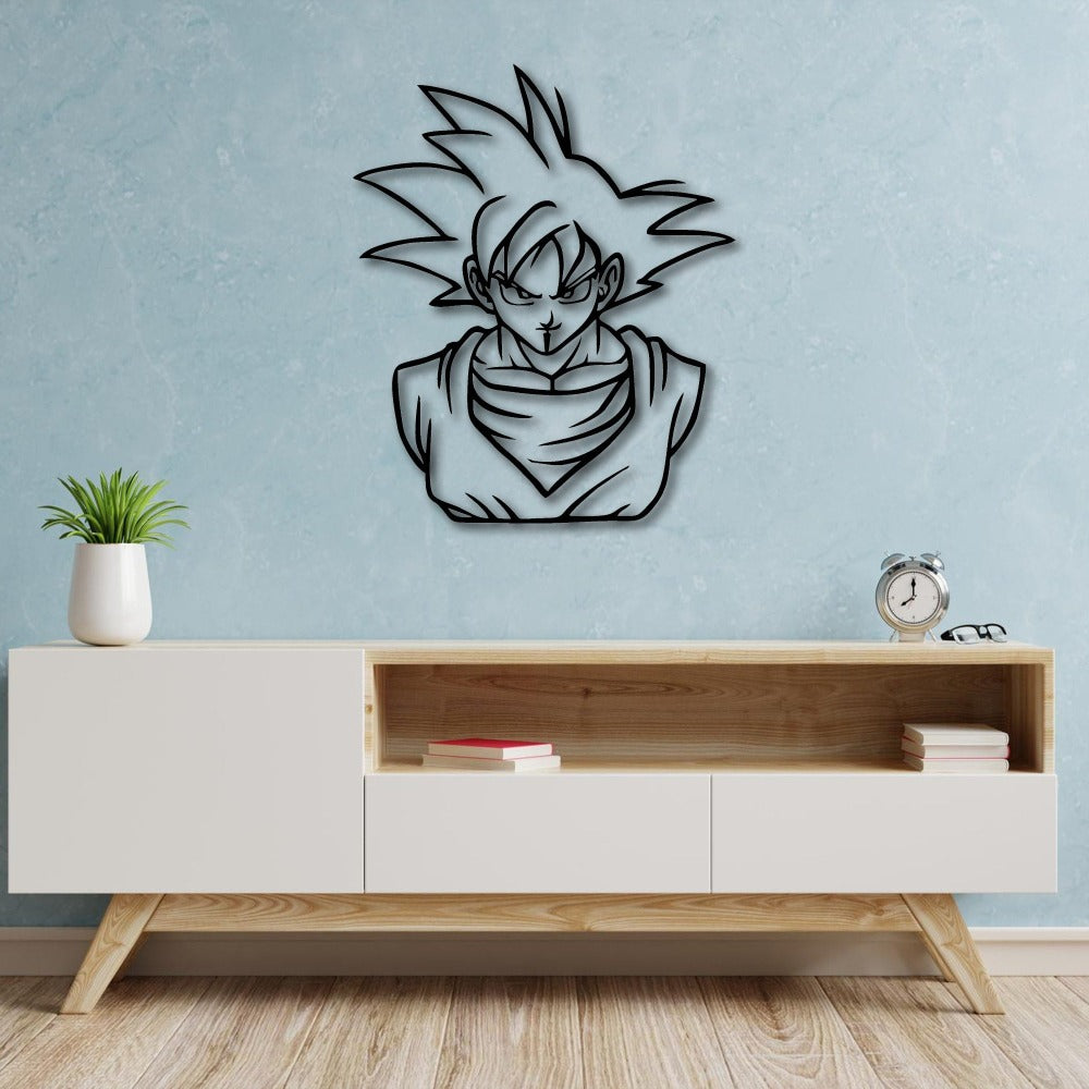 Black metal wall art featuring a stylized character with spiky hair and a determined expression, mounted on a light blue wall. Below is a modern wooden console with white drawers, a potted plant on the left, and a small silver clock on the right.