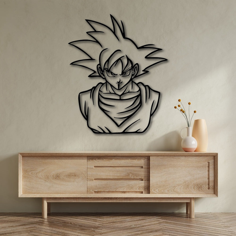 Black metal wall art of a spiky-haired anime character in a stern expression, mounted above a modern wooden cabinet with decorative vases and flowers on a neutral-colored wall.