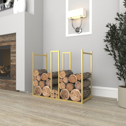 Stylish gold Minimalist Metal Log With Kindling Holder placed next to a fireplace in a modern living room setting