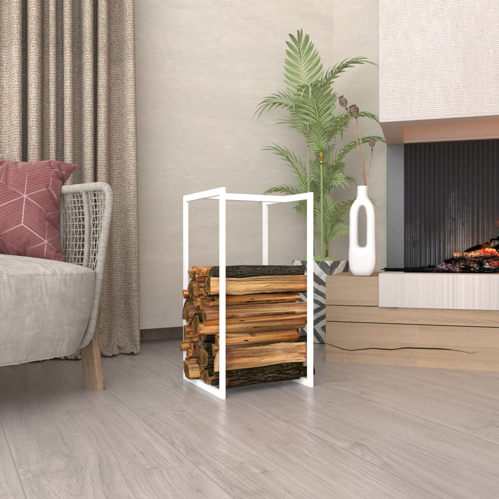 A small gold metal firewood rack filled with stacked logs, placed in a cozy living room near a modern fireplace. The room features light flooring, a potted plant, a white decorative vase, and warm tones.
