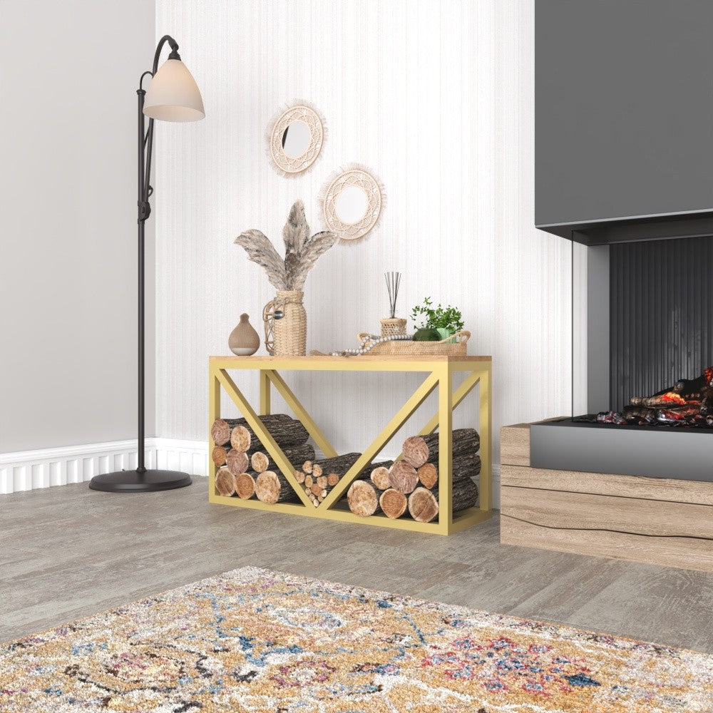 A gold-finished metal log holder with a wooden bench adding a luxurious touch to the living space. The bench accommodates stacked logs, merging functionality with elegance