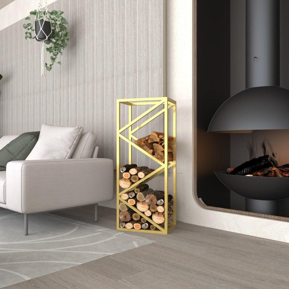 A matte gold geometric metal log rack filled with firewood, placed near a fireplace and sofa, enhancing the room's luxurious aesthetic.