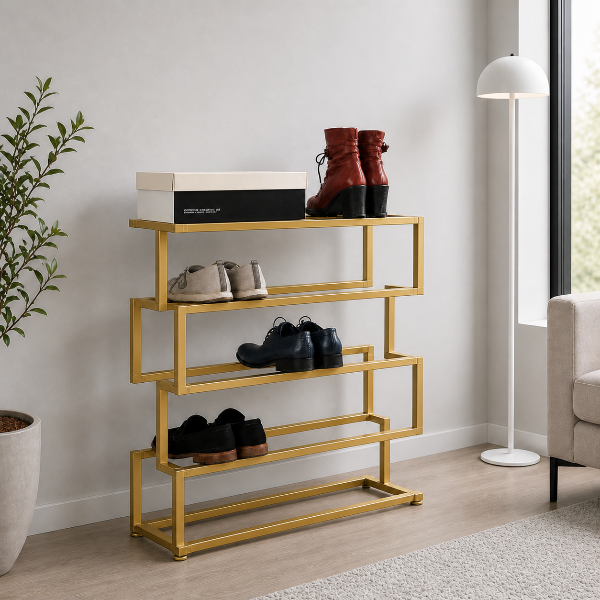 Gold shoe rack with shoes in a room with a plant and lamp.