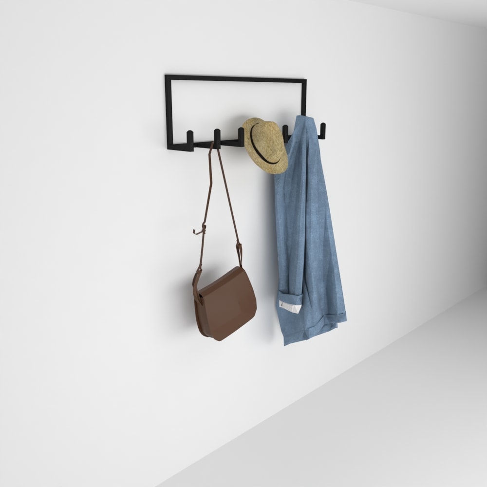 Render showcasing a handmade black minimalist coat rack on a plain white wall, ideal for clean and simple design aesthetics.