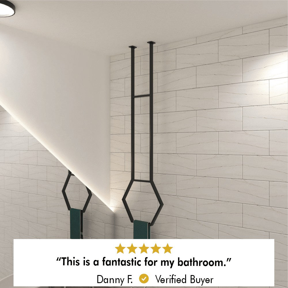 Black hexagonal ceiling towel rack shown with a customer review praising its functionality and aesthetic appeal, written by Danny F