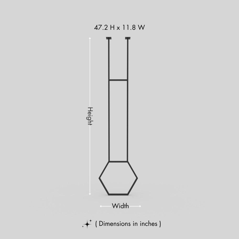 A dimensional blueprint-style image showing the measurements of a black hexagonal ceiling towel rack, detailed with height and width dimensions