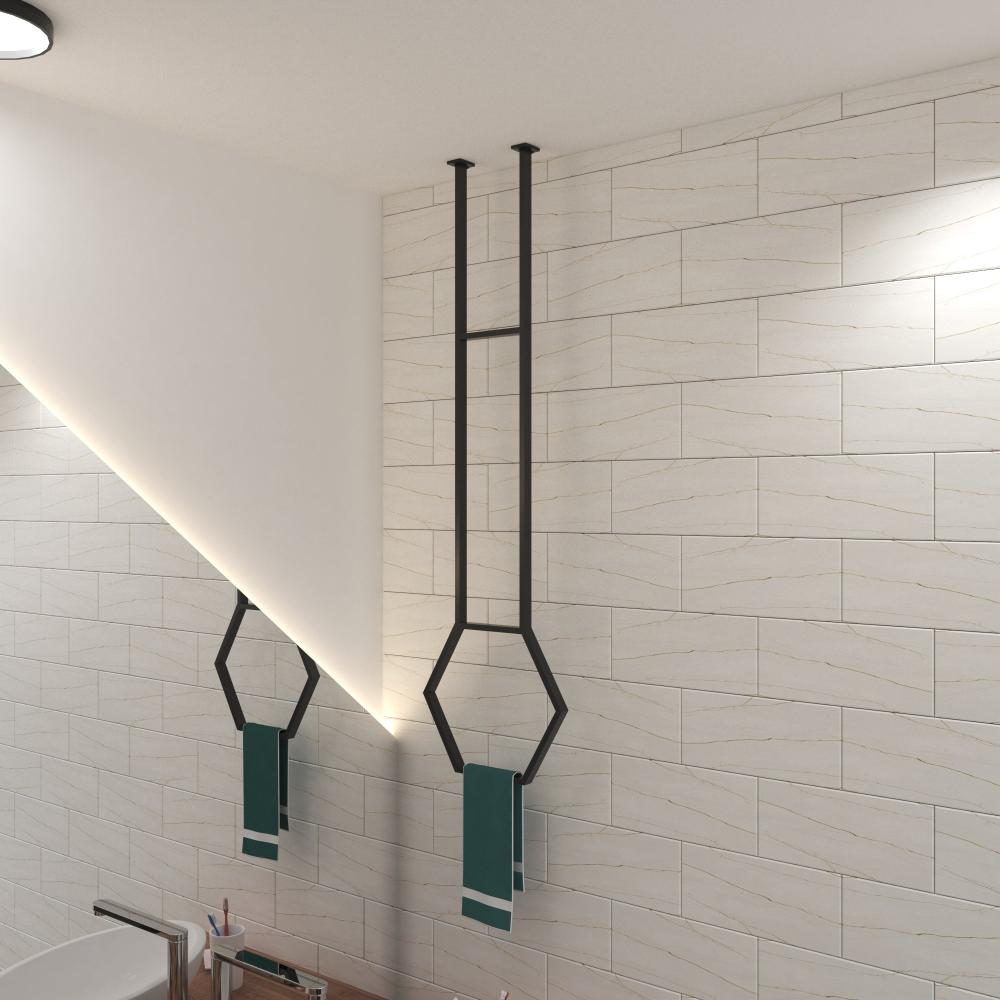 A sleek black hexagonal ceiling-mounted towel rack in a modern bathroom, holding a teal towel, against a white tiled wall with soft lighting