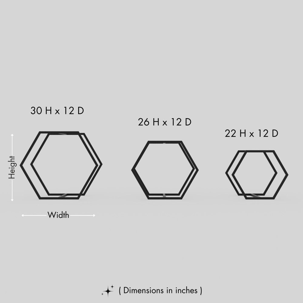 Dimensions illustration of three sizes of hexagonal firewood racks in black, showing heights of 30, 26, and 22 inches with a consistent depth of 12 inches.