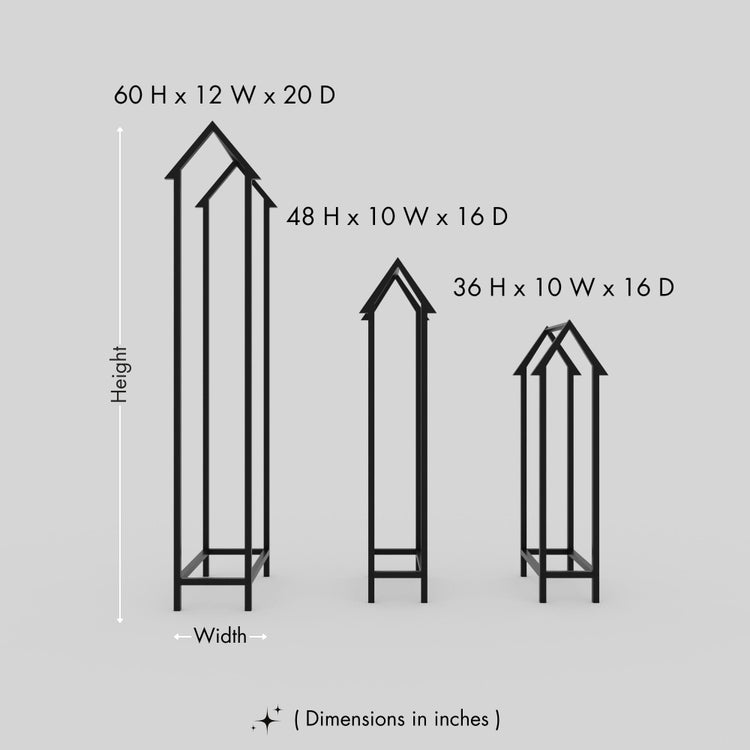 Dimensions of a home-shaped metal log holder in three sizes (36", 48", and 60" height) shown with clear width and depth measurements