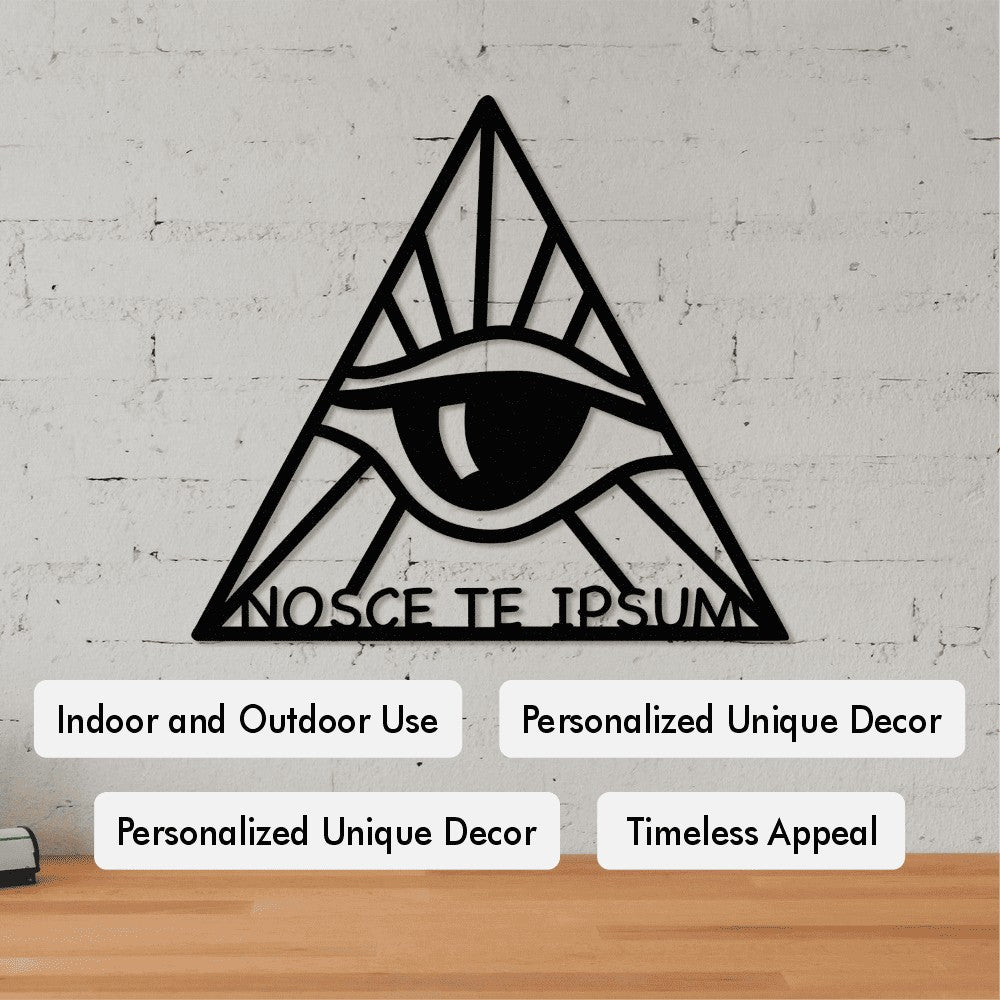 A black metal wall art featuring the all-seeing eye inside a triangle, with the Latin phrase "NOSCE TE IPSUM" (Know Thyself) below. The image shows the wall art hanging on a brick wall, with additional text describing its features: Indoor and Outdoor Use, Personalized Unique Decor, Timeless Appeal.
