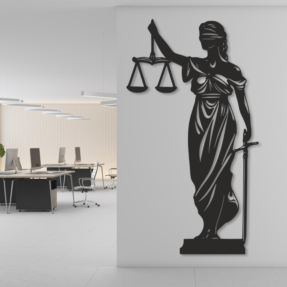 Decorative wall art of Lady Justice holding scales in an office setting