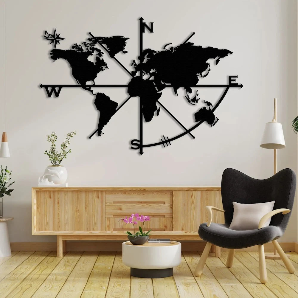 Elegant compass-inspired metal wall decor featuring a detailed world map.