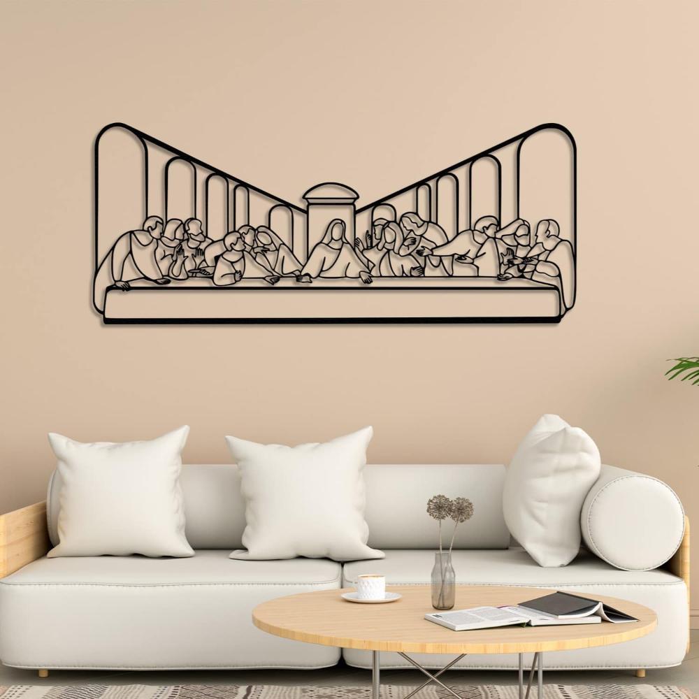 Black metal wall art of "The Last Supper" elegantly displayed above a beige sofa with white cushions, paired with a round wooden coffee table and minimalistic decor.