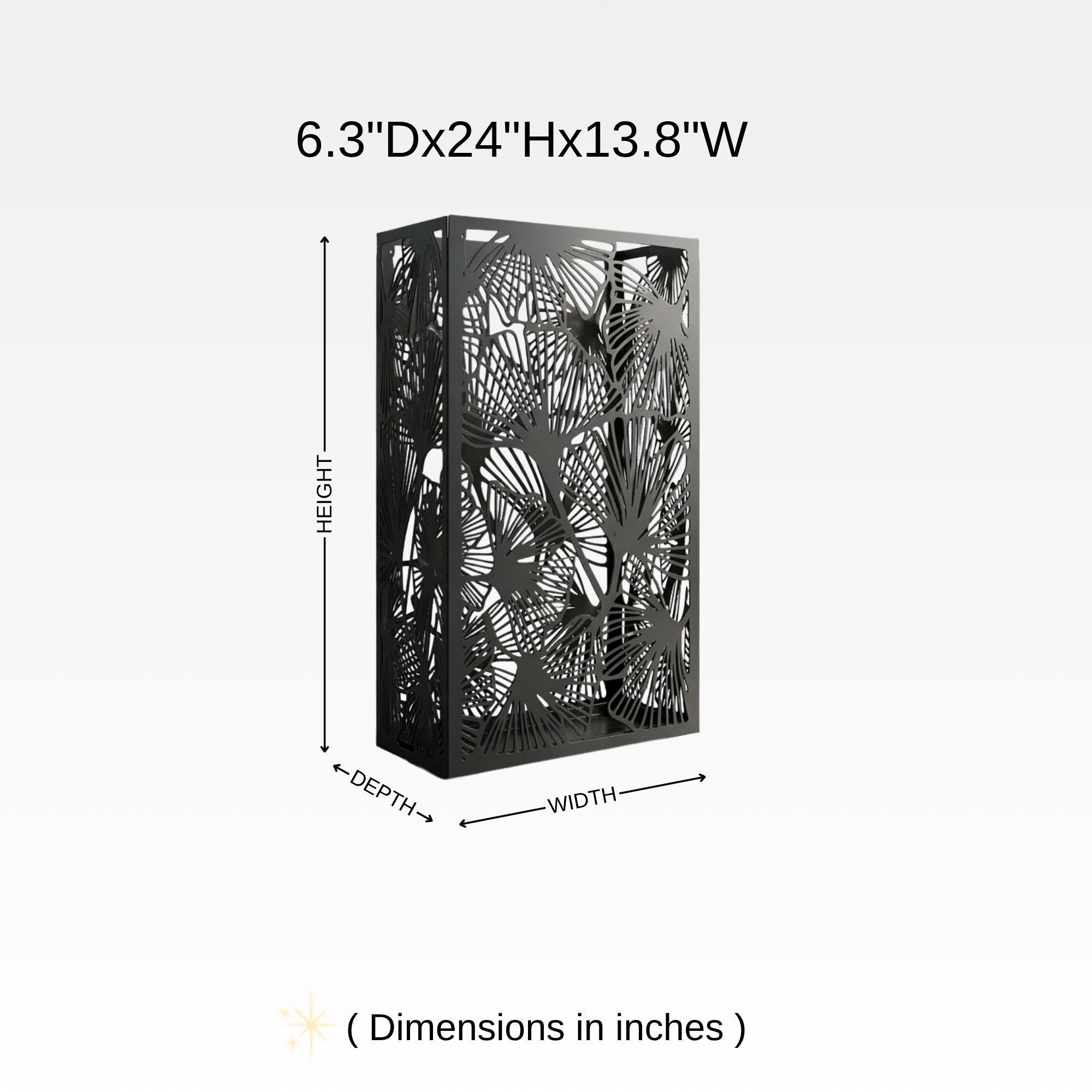 Leaf pattern metal umbrella stand dimensions chart - 6.3in depth x 24in height x 13.8in width