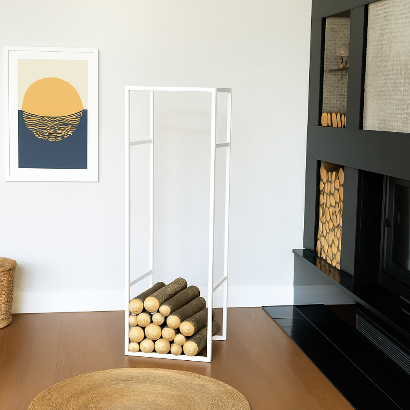 Modern living room with a black fireplace, white shelf with logs, and abstract art on the wall.