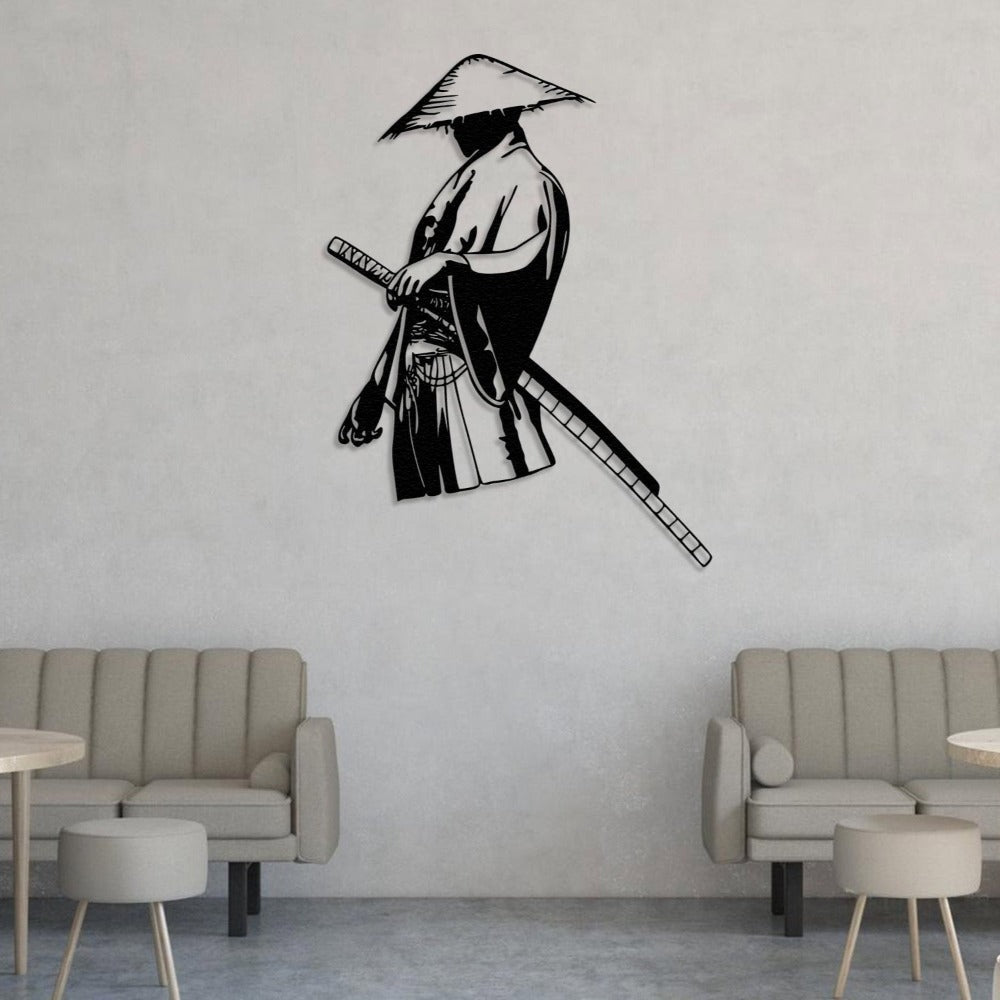 Lonely samurai metal wall art featured in a minimalist cafe setting with neutral-toned seating and modern decor, enhancing the serene atmosphere.