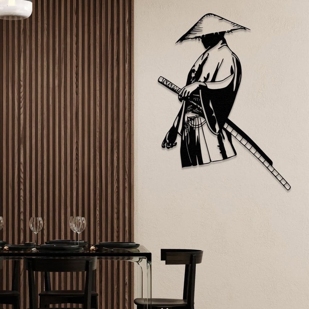 Lonely samurai metal wall art displayed in a dining area with wooden panel accents and a modern black dining table, creating a serene and cultural ambiance.