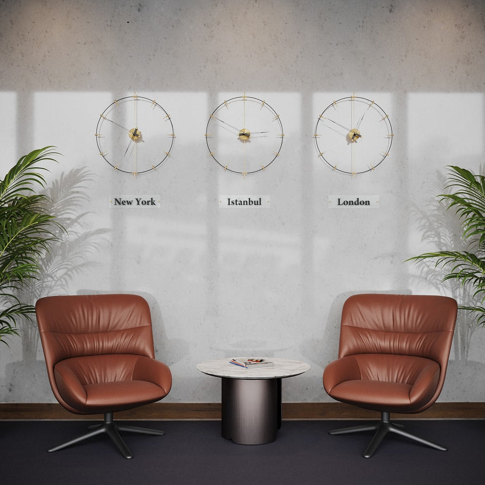 modern 3 world clocks hanged on the lobby wall.