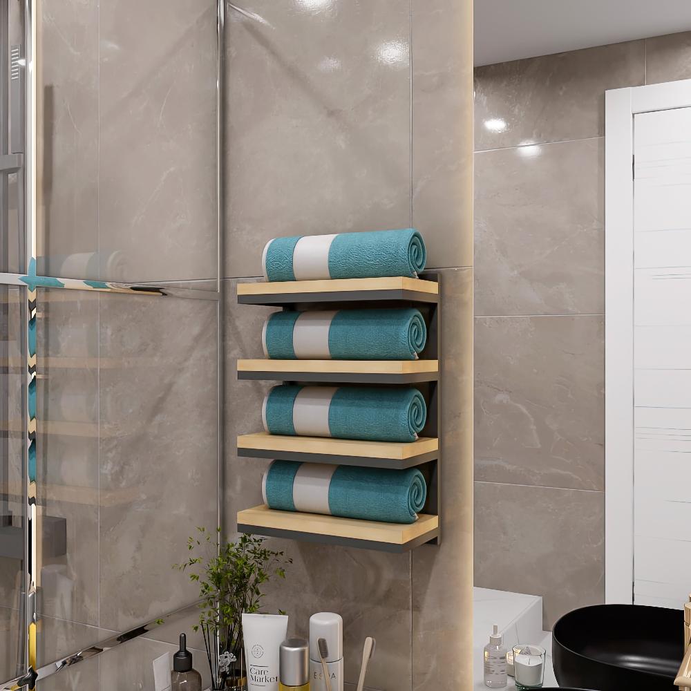 Modern bathroom design showcasing a wall-mounted towel shelf unit with light wood shelves holding neatly rolled turquoise towels, adding a touch of elegance and functionality to the contemporary space.
