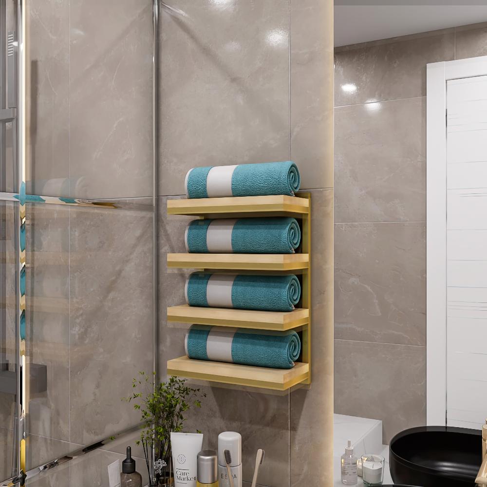 Modern bathroom featuring a stylish wall-mounted towel rack with wooden shelves, holding neatly rolled turquoise towels, complemented by a sleek, minimalist design in a contemporary setting.