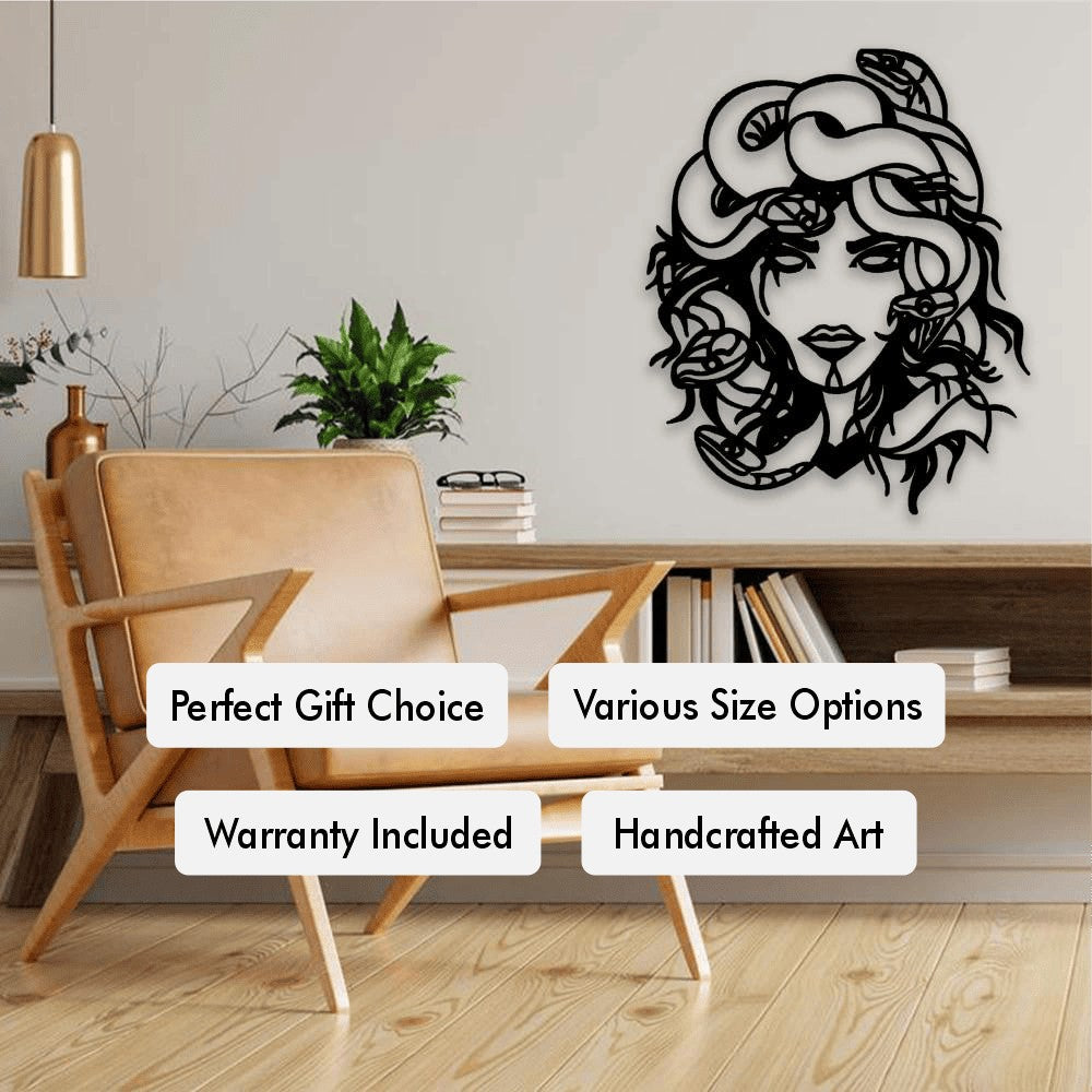 Metal wall art featuring Medusa, placed above a modern shelf in a living room setting, showcasing various size options, warranty, and handcrafted design.