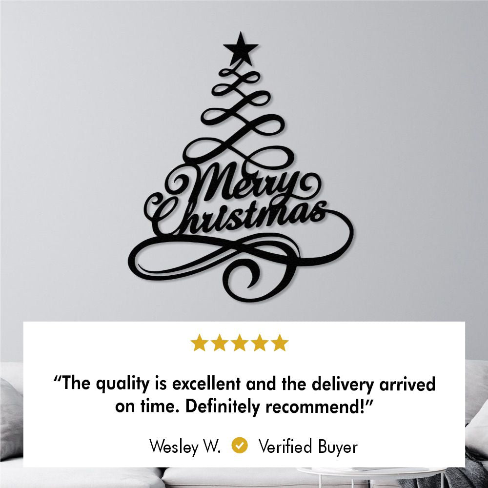 Black metal "Merry Christmas" tree wall decor with elegant script, highlighted by a customer review praising its quality and timely delivery. Placed on a light-colored wall for a minimalist holiday aesthetic.