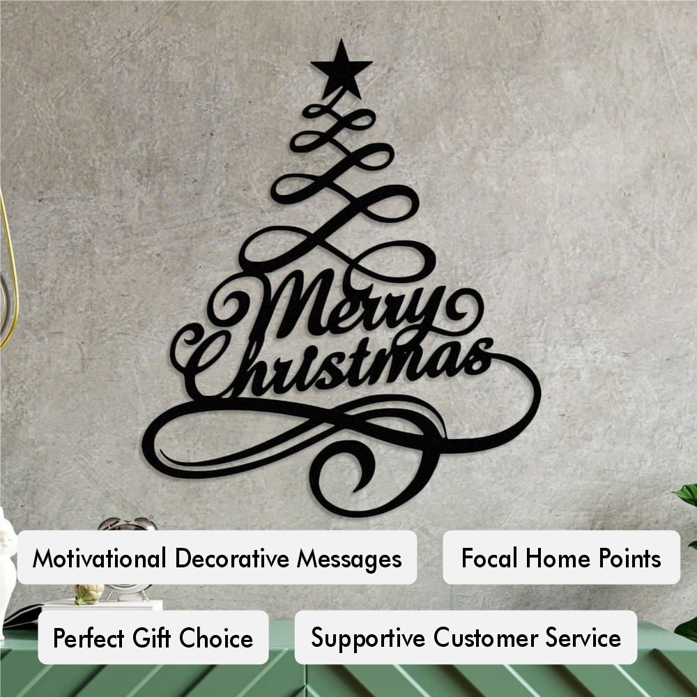 Black metal "Merry Christmas" wall art shaped like a Christmas tree with a star, placed on a concrete wall above a green console table, highlighted with keywords like motivational decorative messages and focal home points.