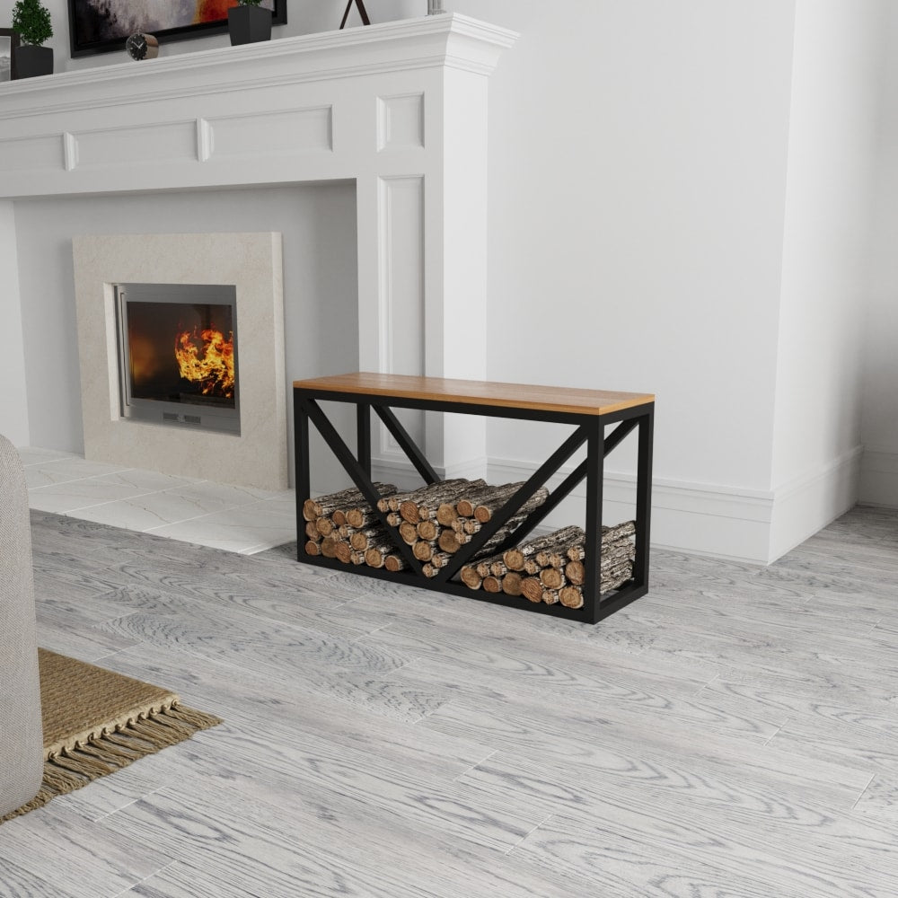 A modern metal log holder with a wooden bench placed near a white fireplace. The black frame complements the warm tones of the wooden seat and the logs stored beneath, enhancing the cozy interior.