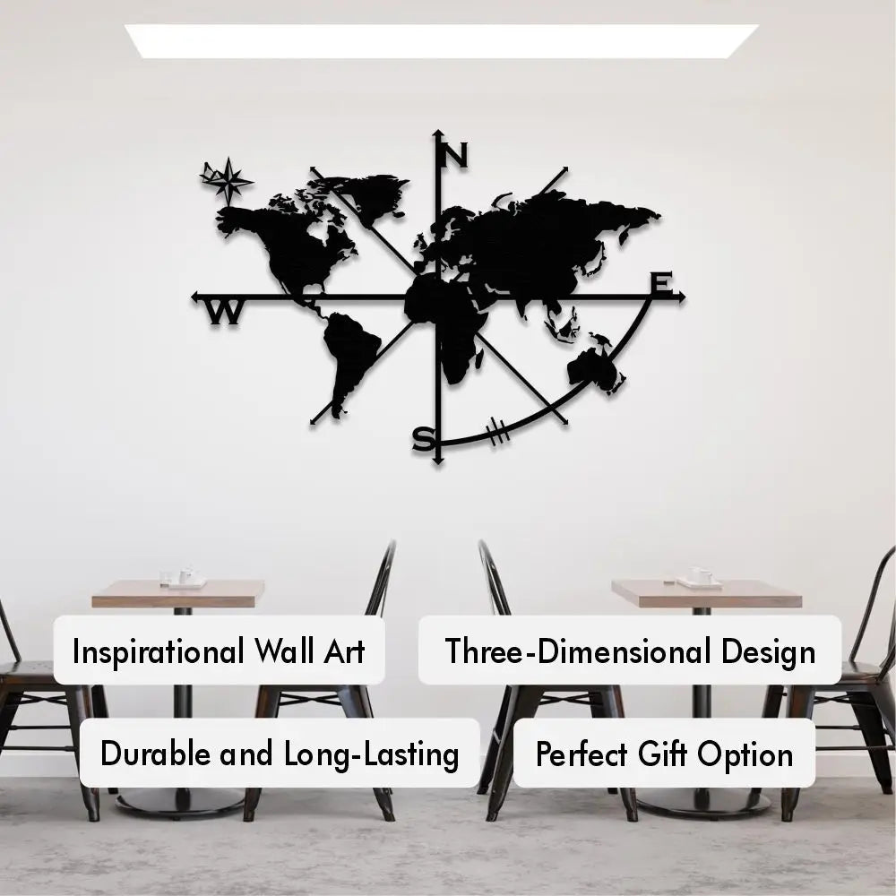 Elegant compass-inspired metal wall decor featuring a detailed world map.